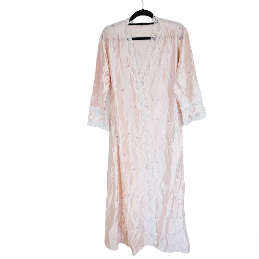 Vintage '70s Tom Bezduda for Barad & Co Floral Pink Lace Trim ILGWU House Coat S
